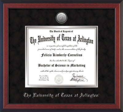 Image of University of Texas - Arlington Diploma Frame - Cherry Reverse - w/Silver-Plated Medallion UTA Name Embossing - Black Suede on Silver mats
