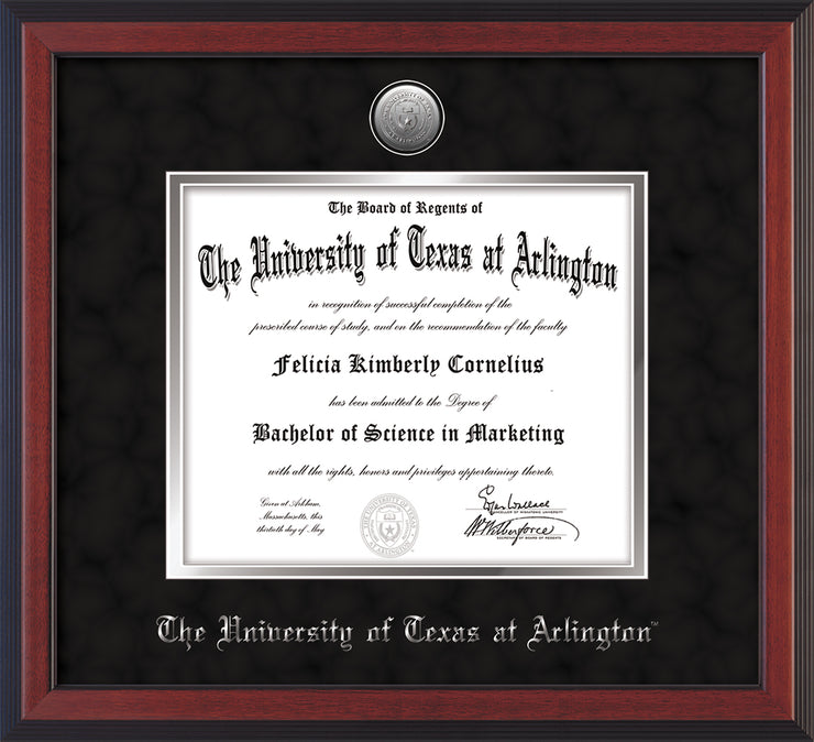 Image of University of Texas - Arlington Diploma Frame - Cherry Reverse - w/Silver-Plated Medallion UTA Name Embossing - Black Suede on Silver mats