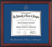 Image of University of Texas - Arlington Diploma Frame - Cherry Reverse - w/Silver Embossed Seal & Name - Royal Blue on Silver mat
