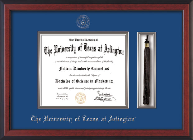 Image of University of Texas - Arlington Diploma Frame - Cherry Reverse - w/Silver Embossed Seal & Name - Tassel Holder - Royal Blue on Silver mat