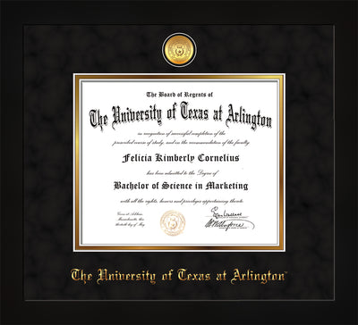 Image of University of Texas - Arlington Diploma Frame - Flat Matte Black - w/24k Gold-Plated Medallion UTA Name Embossing - Black Suede on Gold mats