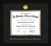 Image of University of Texas - Arlington Diploma Frame - Flat Matte Black - w/24k Gold-Plated Medallion UTA Name Embossing - Royal Blue on Gold mats