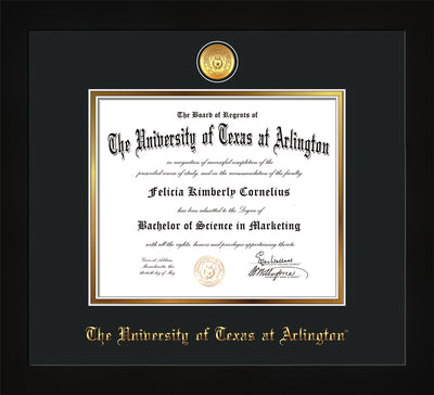 Image of University of Texas - Arlington Diploma Frame - Flat Matte Black - w/24k Gold-Plated Medallion UTA Name Embossing - Royal Blue on Gold mats