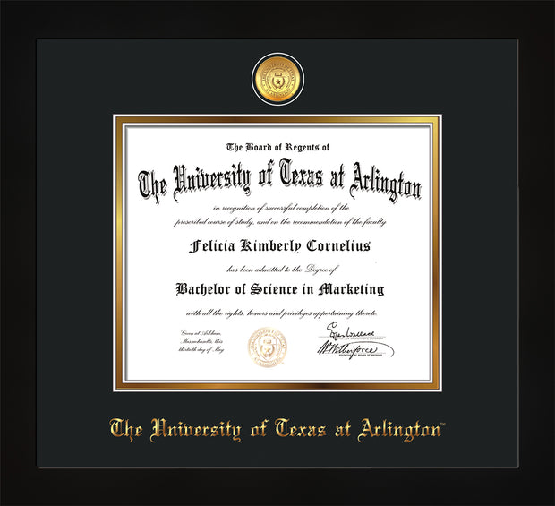 Image of University of Texas - Arlington Diploma Frame - Flat Matte Black - w/24k Gold-Plated Medallion UTA Name Embossing - Royal Blue on Gold mats
