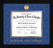 Image of University of Texas - Arlington Diploma Frame - Flat Matte Black - w/24k Gold-Plated Medallion UTA Name Embossing - Royal Blue Suede on Gold mats