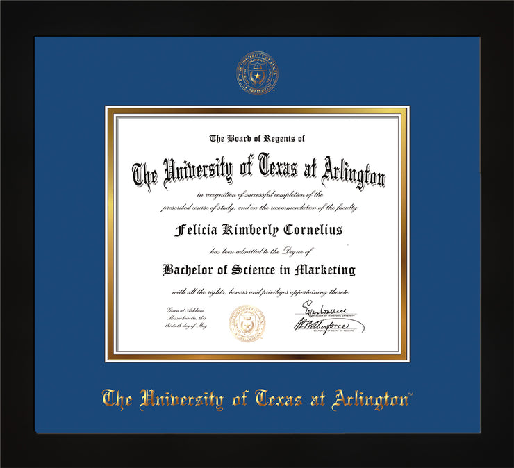 Image of University of Texas - Arlington Diploma Frame - Flat Matte Black - w/Embossed Seal & Name - Royal Blue on Gold mat