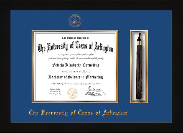 Image of University of Texas - Arlington Diploma Frame - Black Lacquer - w/Embossed Seal & Name - Tassel Holder - Royal Blue on Gold mat