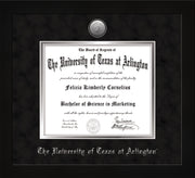Image of University of Texas - Arlington Diploma Frame - Flat Matte Black - w/Silver-Plated Medallion UTA Name Embossing - Black Suede on Silver mats