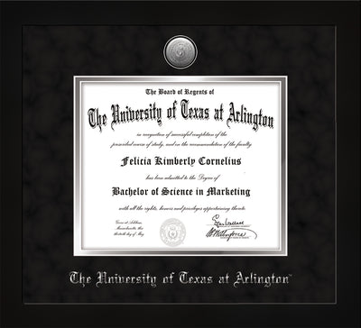 Image of University of Texas - Arlington Diploma Frame - Flat Matte Black - w/Silver-Plated Medallion UTA Name Embossing - Black Suede on Silver mats