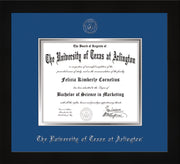 Image of University of Texas - Arlington Diploma Frame - Flat Matte Black - w/Silver Embossed Seal & Name - Royal Blue on Silver mat