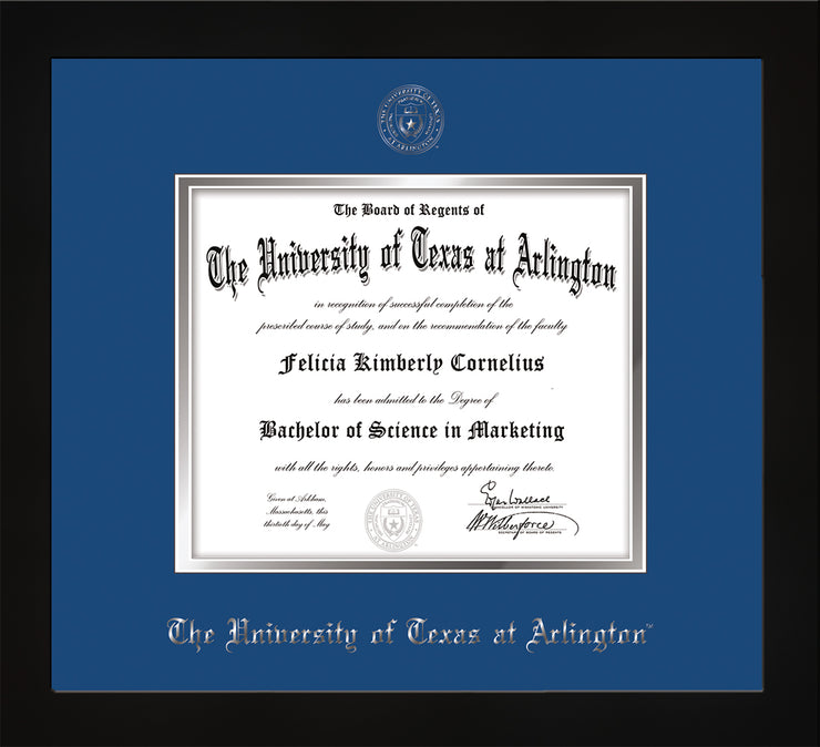 Image of University of Texas - Arlington Diploma Frame - Flat Matte Black - w/Silver Embossed Seal & Name - Royal Blue on Silver mat