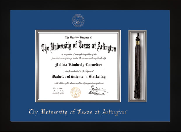 Image of University of Texas - Arlington Diploma Frame - Flat Matte Black - w/Silver Embossed Seal & Name - Tassel Holder - Royal Blue on Silver mat