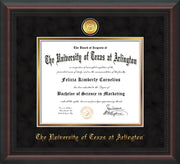 Image of University of Texas - Arlington Diploma Frame - Mahogany Braid - w/24k Gold-Plated Medallion UTA Name Embossing - Black Suede on Gold mats