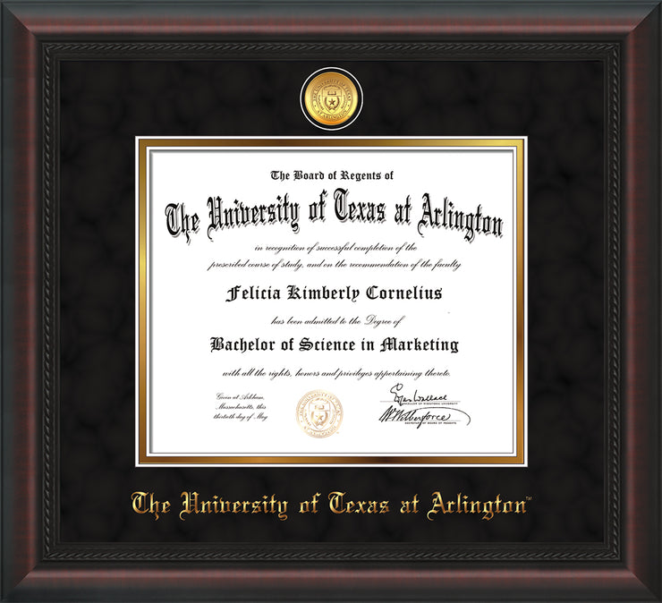 Image of University of Texas - Arlington Diploma Frame - Mahogany Braid - w/24k Gold-Plated Medallion UTA Name Embossing - Black Suede on Gold mats