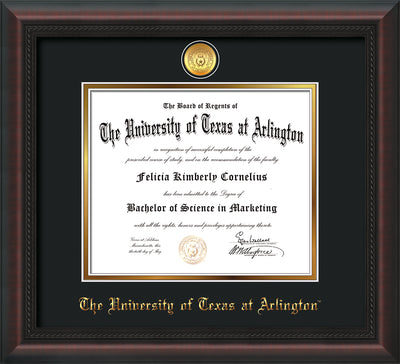 Image of University of Texas - Arlington Diploma Frame - Mahogany Braid - w/24k Gold-Plated Medallion UTA Name Embossing - Black on Gold mats