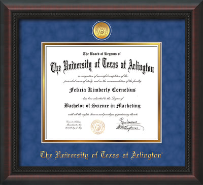 Image of University of Texas - Arlington Diploma Frame - Mahogany Braid - w/24k Gold-Plated Medallion UTA Name Embossing - Royal Blue Suede on Gold mats