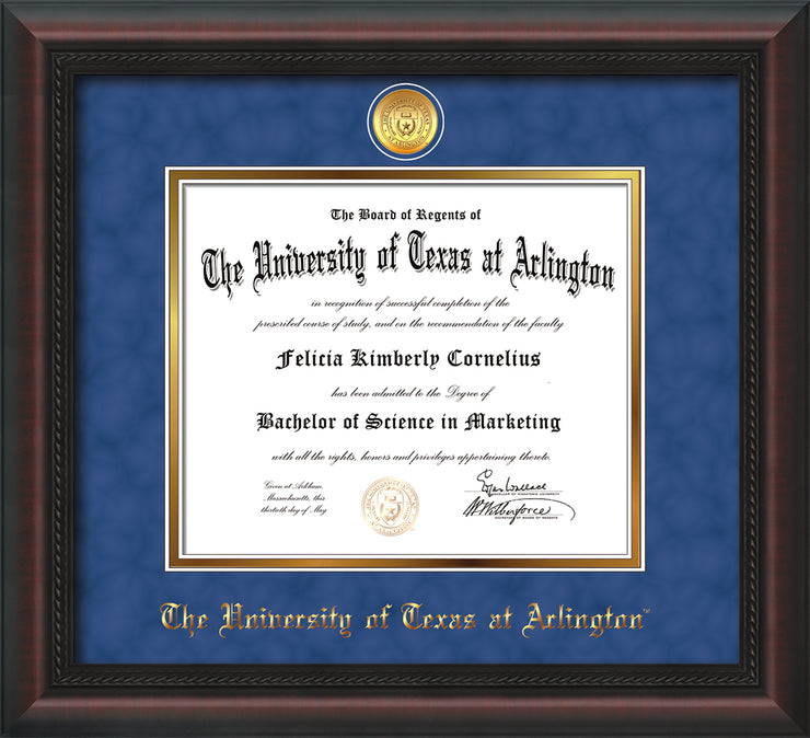 Image of University of Texas - Arlington Diploma Frame - Mahogany Braid - w/24k Gold-Plated Medallion UTA Name Embossing - Royal Blue Suede on Gold mats