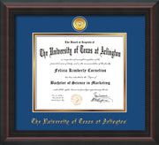 Image of University of Texas - Arlington Diploma Frame - Mahogany Braid - w/24k Gold-Plated Medallion UTA Name Embossing - Royal Blue on Gold mats