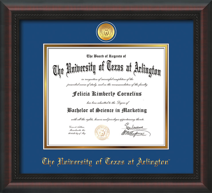 Image of University of Texas - Arlington Diploma Frame - Mahogany Braid - w/24k Gold-Plated Medallion UTA Name Embossing - Royal Blue on Gold mats