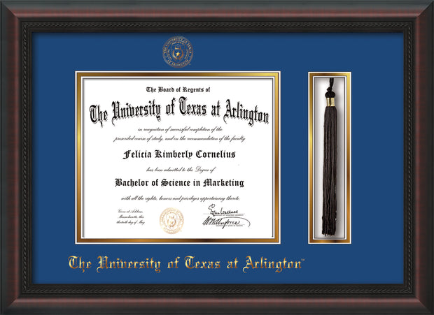 Image of University of Texas - Arlington Diploma Frame - Mahogany Braid - w/Embossed Seal & Name - Tassel Holder - Royal Blue on Gold mat