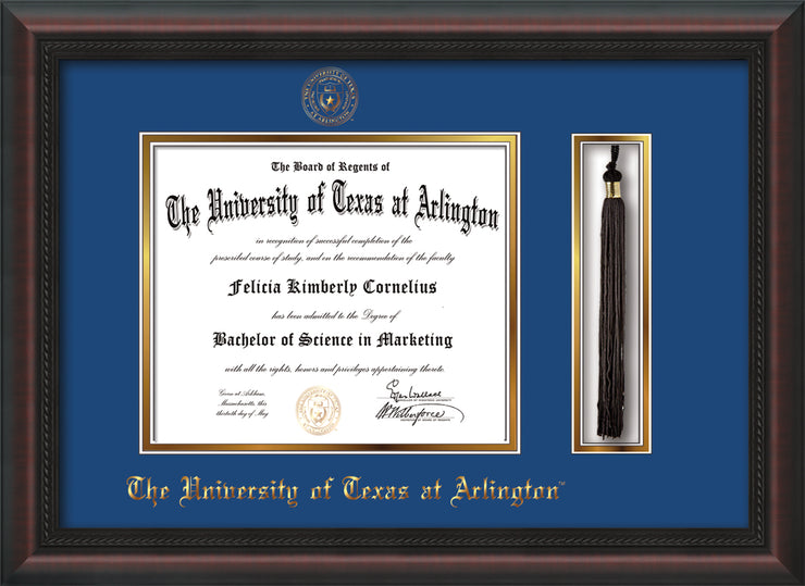 Image of University of Texas - Arlington Diploma Frame - Mahogany Braid - w/Embossed Seal & Name - Tassel Holder - Royal Blue on Gold mat