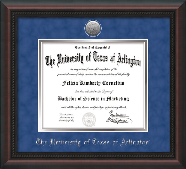 Image of University of Texas - Arlington Diploma Frame - Mahogany Braid - w/Silver-Plated Medallion UTA Name Embossing - Royal Blue Suede on Silver mats