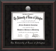 Image of University of Texas - Arlington Diploma Frame - Mahogany Braid - w/Silver-Plated Medallion UTA Name Embossing - Black Suede on Silver mats