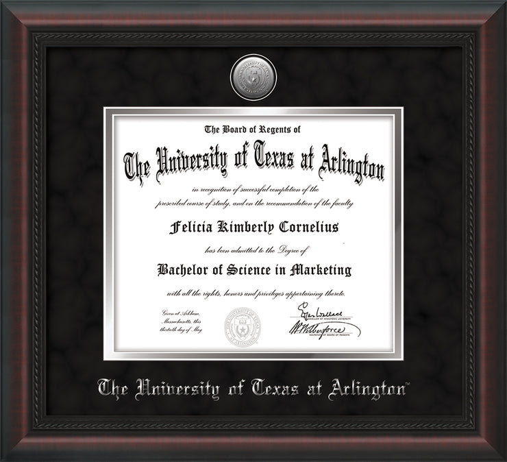 Image of University of Texas - Arlington Diploma Frame - Mahogany Braid - w/Silver-Plated Medallion UTA Name Embossing - Black Suede on Silver mats