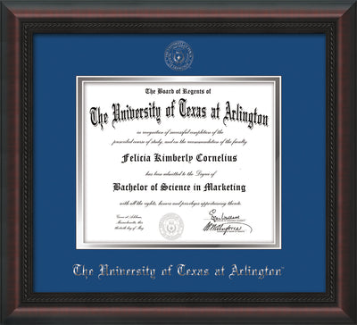 Image of University of Texas - Arlington Diploma Frame - Mahogany Braid - w/Silver Embossed Seal & Name - Royal Blue on Silver mat