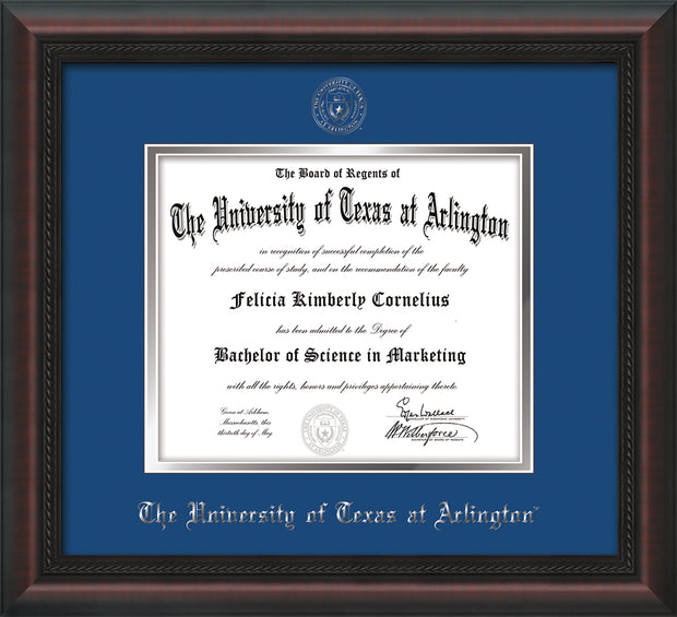 Image of University of Texas - Arlington Diploma Frame - Mahogany Braid - w/Silver Embossed Seal & Name - Royal Blue on Silver mat