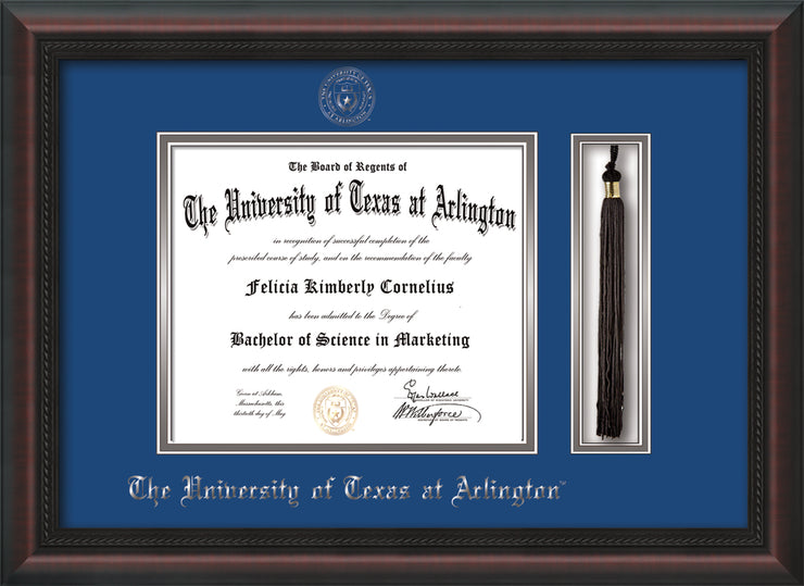 Image of University of Texas - Arlington Diploma Frame - Mahogany Braid - w/Silver Embossed Seal & Name - Tassel Holder - Royal Blue on Silver mat