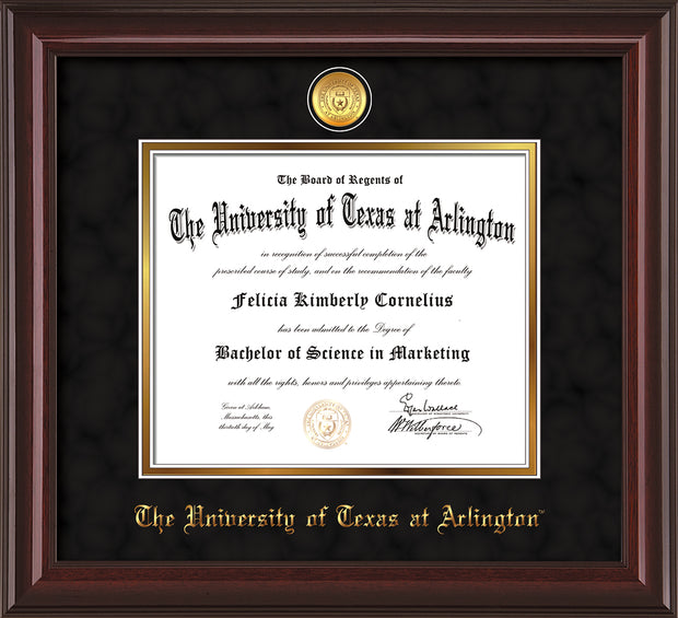 Image of University of Texas - Arlington Diploma Frame - Mahogany Lacquer - w/24k Gold-Plated Medallion UTA Name Embossing - Black Suede on Gold mats