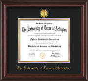 Image of University of Texas - Arlington Diploma Frame - Mahogany Lacquer - w/24k Gold-Plated Medallion UTA Name Embossing - Black on Gold mats