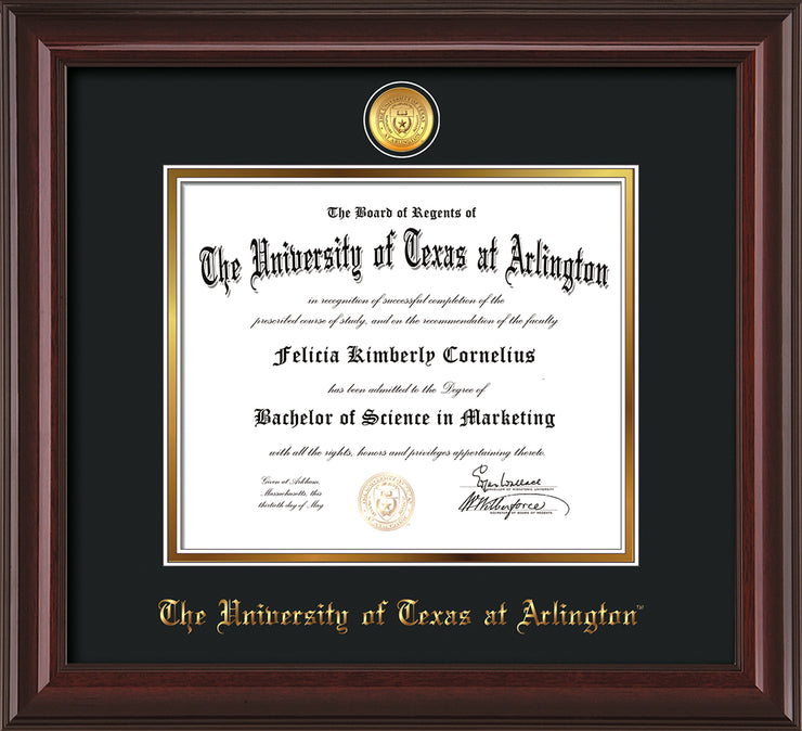 Image of University of Texas - Arlington Diploma Frame - Mahogany Lacquer - w/24k Gold-Plated Medallion UTA Name Embossing - Black on Gold mats