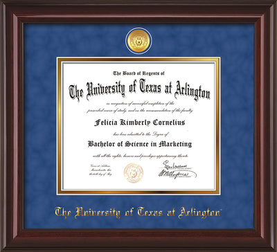 Image of University of Texas - Arlington Diploma Frame - Mahogany Lacquer - w/24k Gold-Plated Medallion UTA Name Embossing - Royal Blue Suede on Gold mats