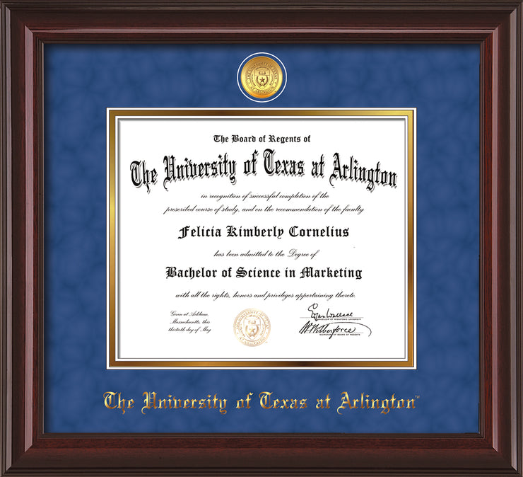 Image of University of Texas - Arlington Diploma Frame - Mahogany Lacquer - w/24k Gold-Plated Medallion UTA Name Embossing - Royal Blue Suede on Gold mats