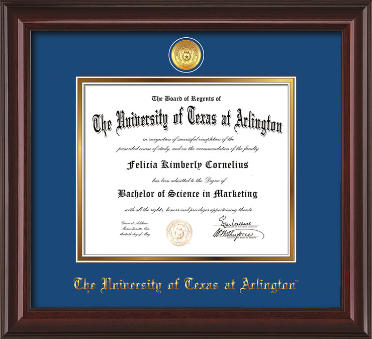 Image of University of Texas - Arlington Diploma Frame - Mahogany Lacquer - w/24k Gold-Plated Medallion UTA Name Embossing - Royal Blue on Gold mats