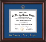 Image of University of Texas - Arlington Diploma Frame - Mahogany Lacquer - w/Embossed Seal & Name - Royal Blue on Gold mat