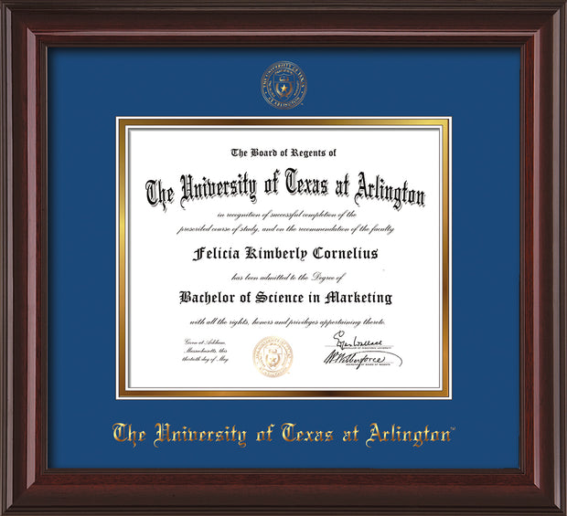 Image of University of Texas - Arlington Diploma Frame - Mahogany Lacquer - w/Embossed Seal & Name - Royal Blue on Gold mat