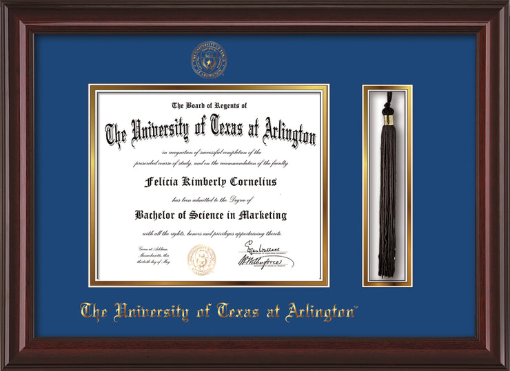 Image of University of Texas - Arlington Diploma Frame - Mahogany Lacquer - w/Embossed Seal & Name - Tassel Holder - Royal Blue on Gold mat