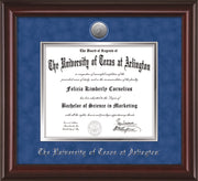 Image of University of Texas - Arlington Diploma Frame - Mahogany Lacquer - w/Silver-Plated Medallion UTA Name Embossing - Royal Blue Suede on Silver mats