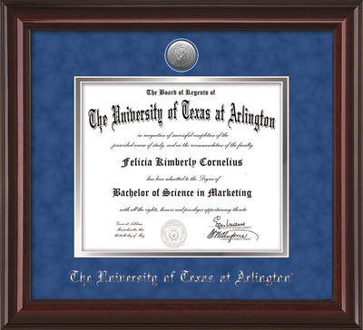 Image of University of Texas - Arlington Diploma Frame - Mahogany Lacquer - w/Silver-Plated Medallion UTA Name Embossing - Royal Blue Suede on Silver mats