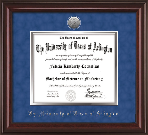 Image of University of Texas - Arlington Diploma Frame - Mahogany Lacquer - w/Silver-Plated Medallion UTA Name Embossing - Royal Blue Suede on Silver mats
