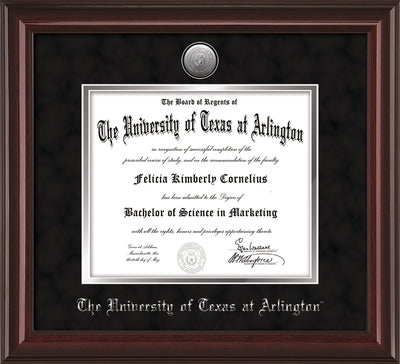 Image of University of Texas - Arlington Diploma Frame - Mahogany Lacquer - w/Silver-Plated Medallion UTA Name Embossing - Black Suede on Silver mats