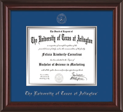 Image of University of Texas - Arlington Diploma Frame - Mahogany Lacquer - w/Silver Embossed Seal & Name - Royal Blue on Silver mat