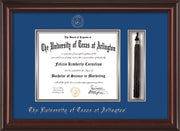 Image of University of Texas - Arlington Diploma Frame - Mahogany Lacquer - w/Silver Embossed Seal & Name - Tassel Holder - Royal Blue on Silver mat