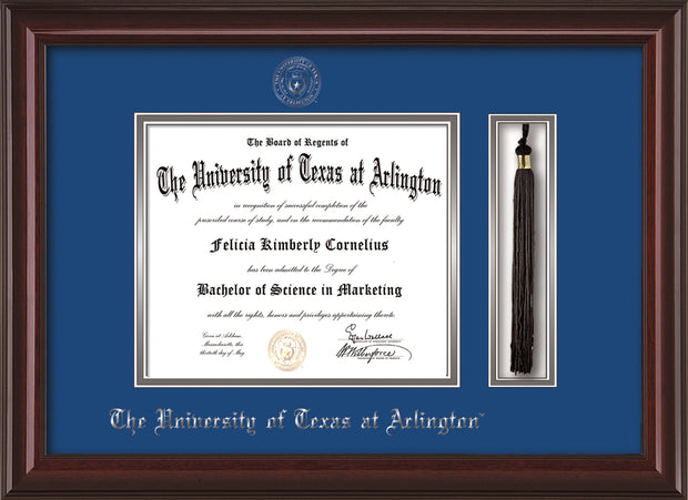 Image of University of Texas - Arlington Diploma Frame - Mahogany Lacquer - w/Silver Embossed Seal & Name - Tassel Holder - Royal Blue on Silver mat