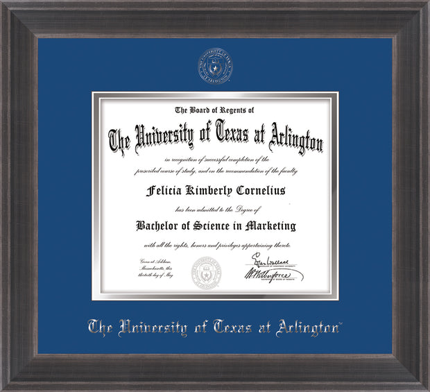 Image of University of Texas - Arlington Diploma Frame - Metro Antique Pewter - w/Silver Embossed Seal & Name - Royal Blue on Silver mat