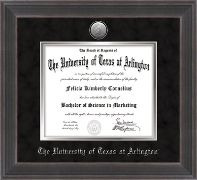 Image of University of Texas - Arlington Diploma Frame - Metro Antique Pewter - w/Silver-Plated Medallion UTA Name Embossing - Black Suede on Silver mats