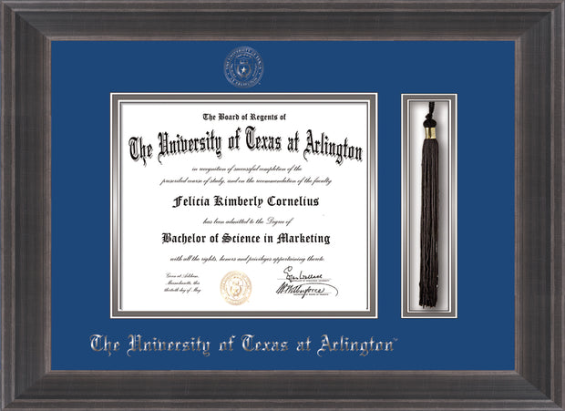 Image of University of Texas - Arlington Diploma Frame - Metro Antique Pewter - w/Silver Embossed Seal & Name - Tassel Holder - Royal Blue on Silver mat